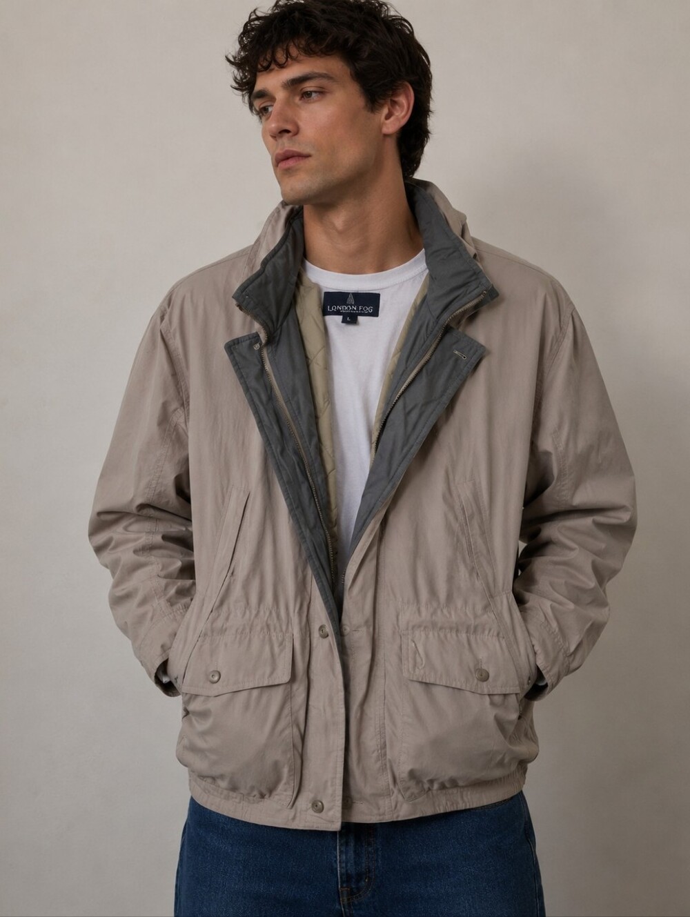 London Fog Size L Men's Beige and Gray Jacket Hood Folds into Collar